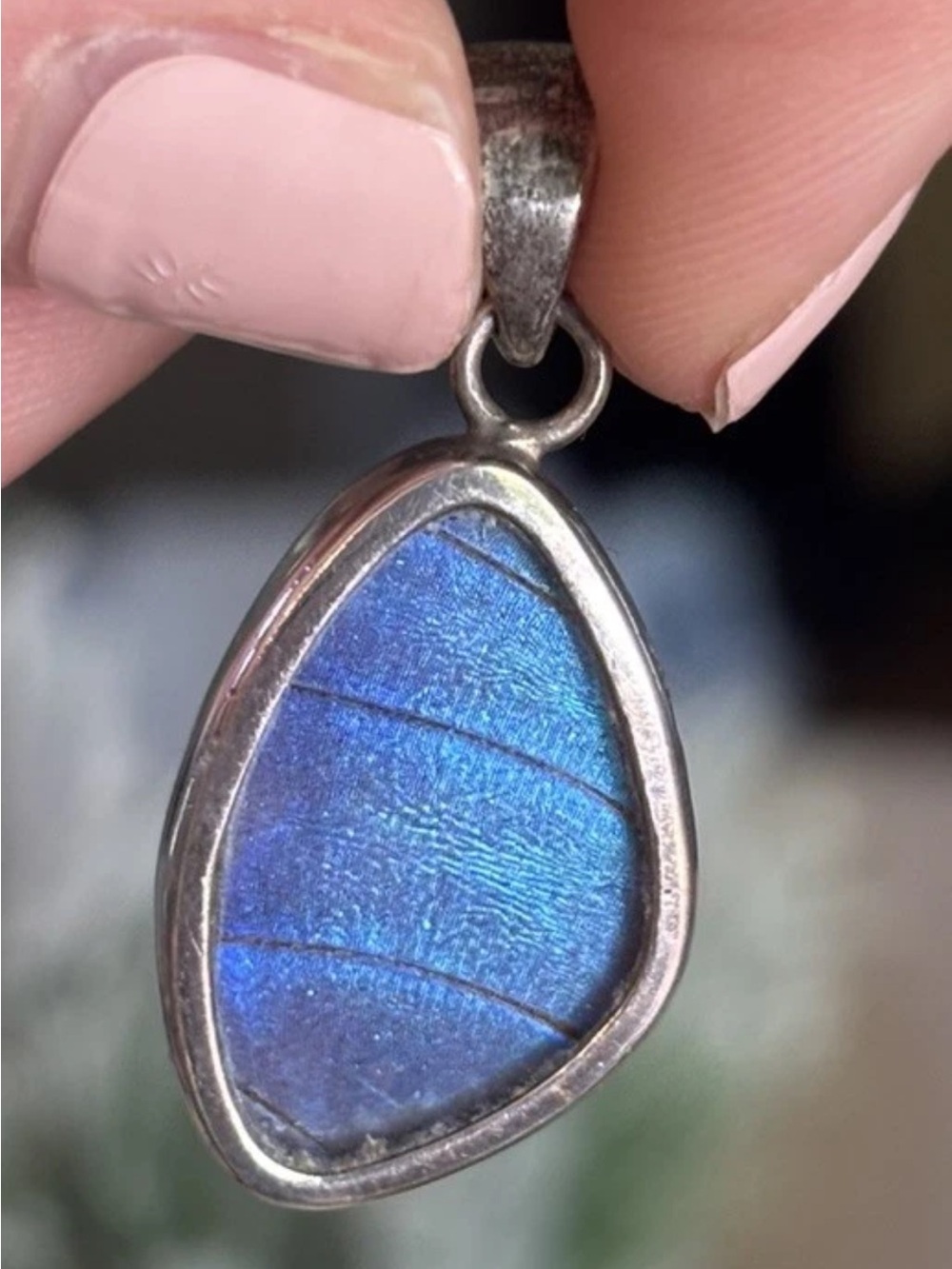 Vintage Sterling Silver Signed 925 Blue Beige Morpho Butterfly Wing Pendant 16mm
